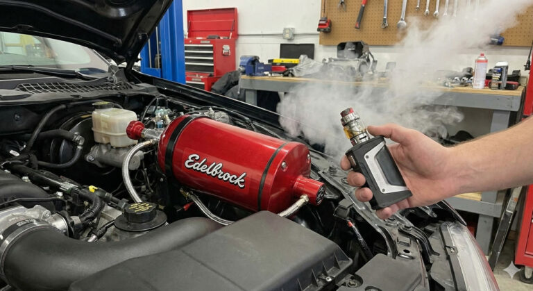 Hand gripping vape pen releasing N2O vapor near car engine bay in Sapulpa garage, featuring mounted red Edelbrock nitrous oxide tank for performance tweaks.