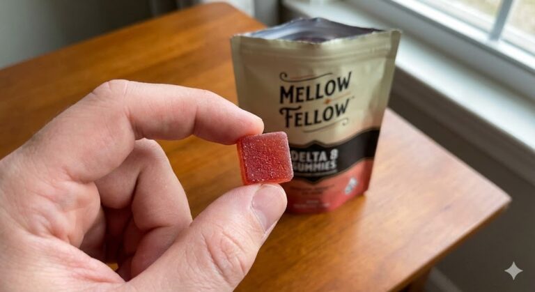 Hand holding a sparkling red Delta 8 gummy in front of Mellow Fellow Delta 8 Gummies package on wooden table, quality edibles at our Delta 8 store in Broken Arrow.