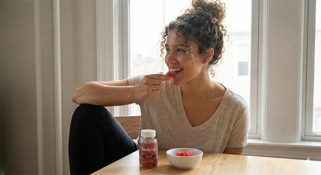Joyful woman savoring a red Delta 8 gummy beside a BudPop Delta-8 bottle and matching bowl, premium selections from our Delta 8 store in Broken Arrow.