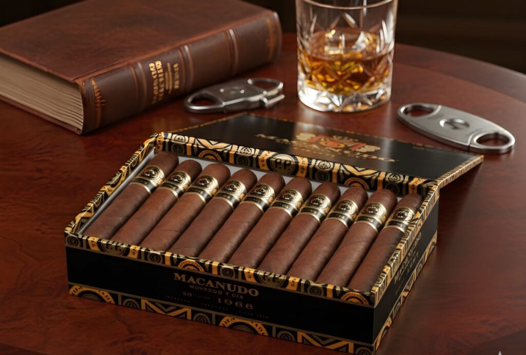 Open box of Macanudo 1968 cigars with a whiskey glass, a top choice at any high-end cigar shop Houston location.