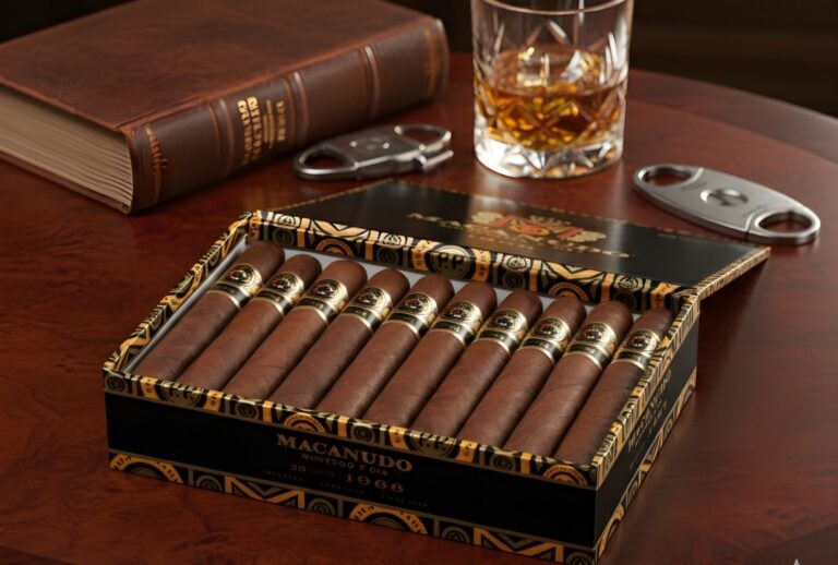 Open box of Macanudo 1968 cigars with a whiskey glass, a top choice at any high-end cigar shop Houston location.