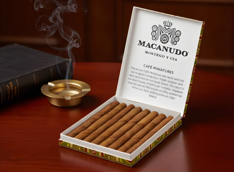 Macanudo Café Miniatures in an open box at a cigar store Tulsa, perfect for a quick and smooth premium smoke break.