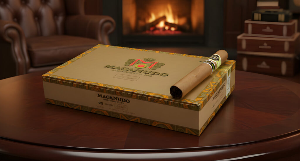 Premium Macanudo cigar box gift sets available at a cigar store Tulsa, featuring a gold box by a cozy fireplace.
