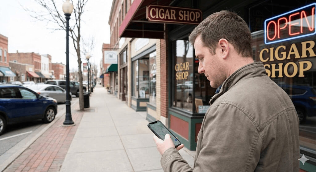 Man checking phone outside welcoming cigar shop with glowing open sign on quaint street, discover top selections at our cigar shop Broken Arrow.