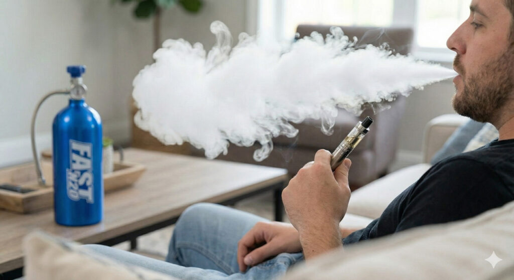 Man relaxing on couch in Sapulpa home, exhaling massive N2O cloud from vape pen connected to blue FAST N2O nitrous tank for intense vapor sessions.