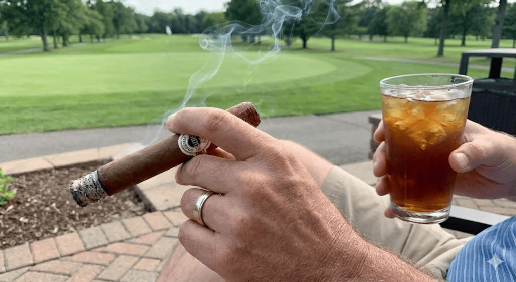 Man relaxing on patio with lit Ashton cigar and iced drink, enjoying the view of lush golf course greens – premium selection from our cigar shop Broken Arrow.