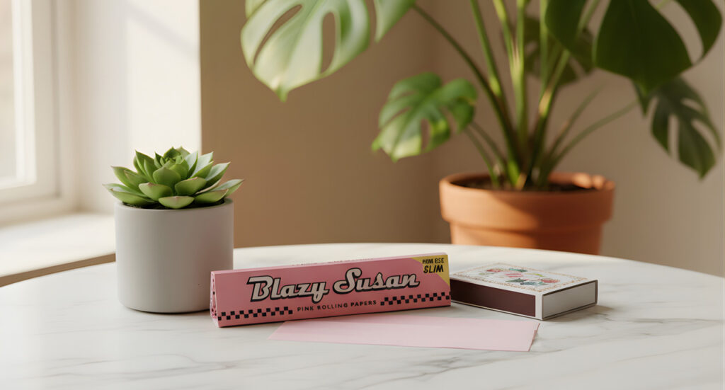 Blazy Susan pink rolling papers on a marble table, a must-have aesthetic accessory from your favorite smoke shop Tulsa.