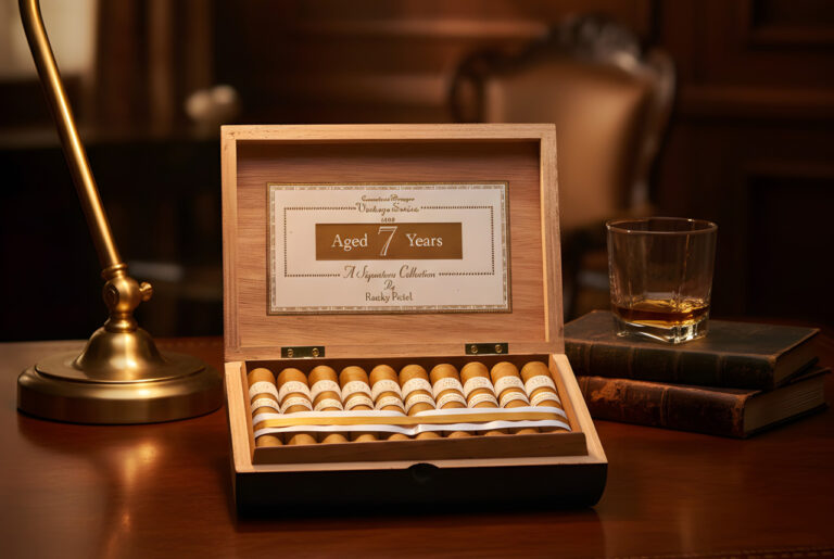 An elegant aged 7 years Rocky Patel cigar gift set on a mahogany desk at our premier Cigar Shop Owasso.