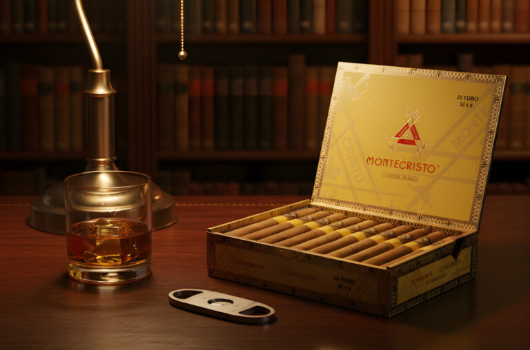 A luxury cigar box paired with a glass of whiskey in a cozy library setting found at a top-rated cigar shop Tulsa..