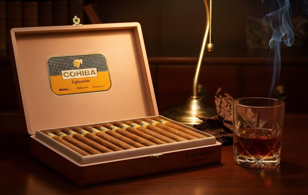 Box of Cohiba Esplendidos and glass of bourbon whiskey on a wooden desk at a luxury cigar shop Houston location.
