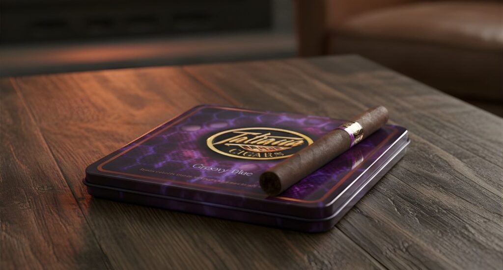 Premium Tatiana Groovy Blue flavored cigars in a purple tin, available at a top-rated cigar shop Tulsa location.