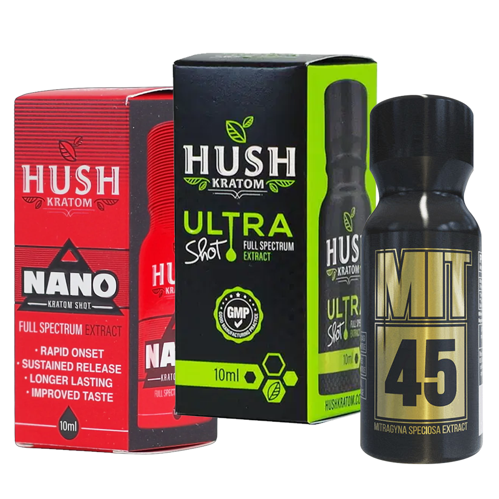 A collection of premium liquid kratom extract shots including Hush Nano, Hush Ultra, and MIT45 gold extract bottles.