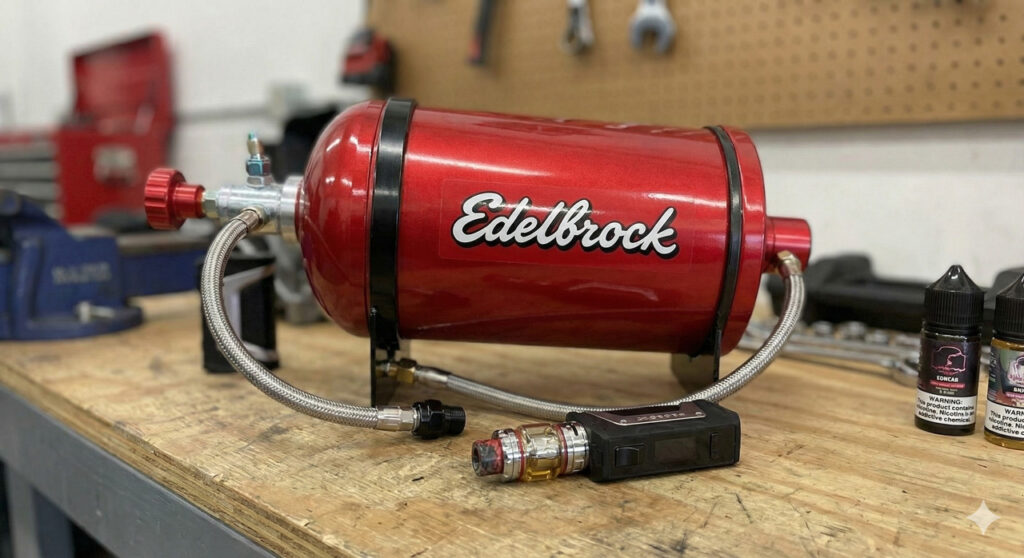 Red Edelbrock N2O bottle on Sapulpa workshop bench, hose-connected to vape mod and e-liquid bottles, showcasing innovative nitrous setup for enthusiasts.