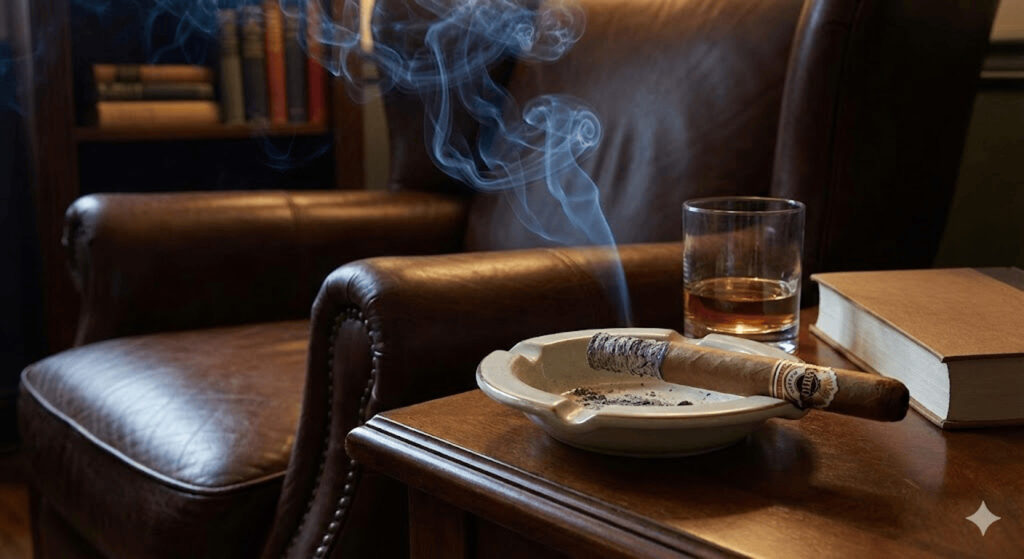 Resting lit Ashton cigar in classic ashtray on leather armchair side table with whiskey and books, cozy indulgence at our cigar shop Broken Arrow.