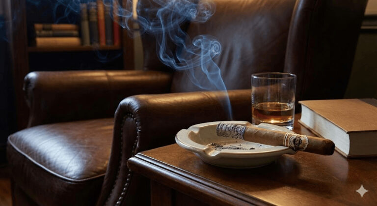 Resting lit Ashton cigar in classic ashtray on leather armchair side table with whiskey and books, cozy indulgence at our cigar shop Broken Arrow.