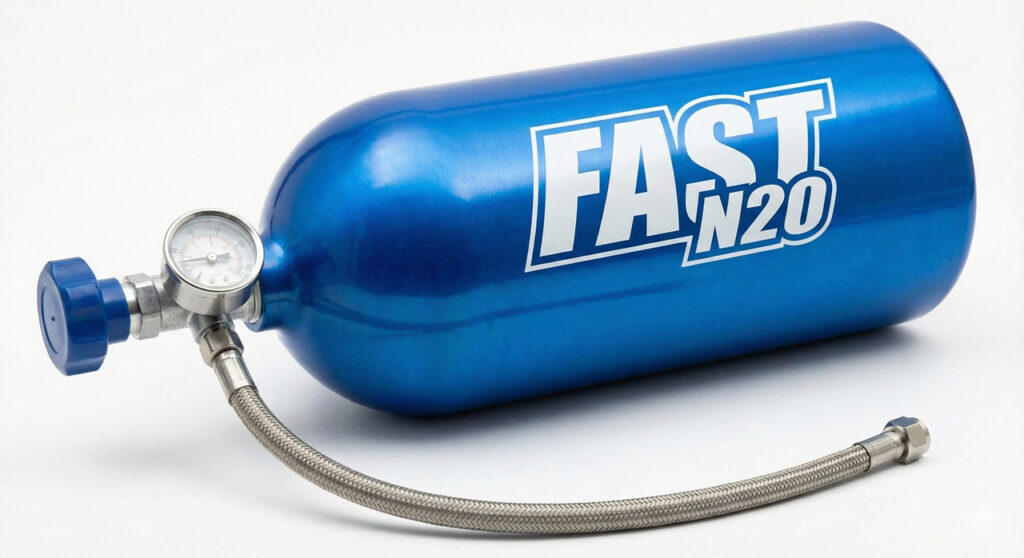 Shiny blue FAST N2O nitrous oxide bottle with pressure gauge and braided hose, ideal for custom Sapulpa vaping modifications and performance boosts.