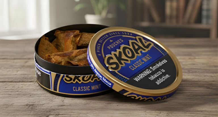 Skoal Classic Mint tobacco pouches in an open tin, available at a local tobacco store Houston for smokeless users.
