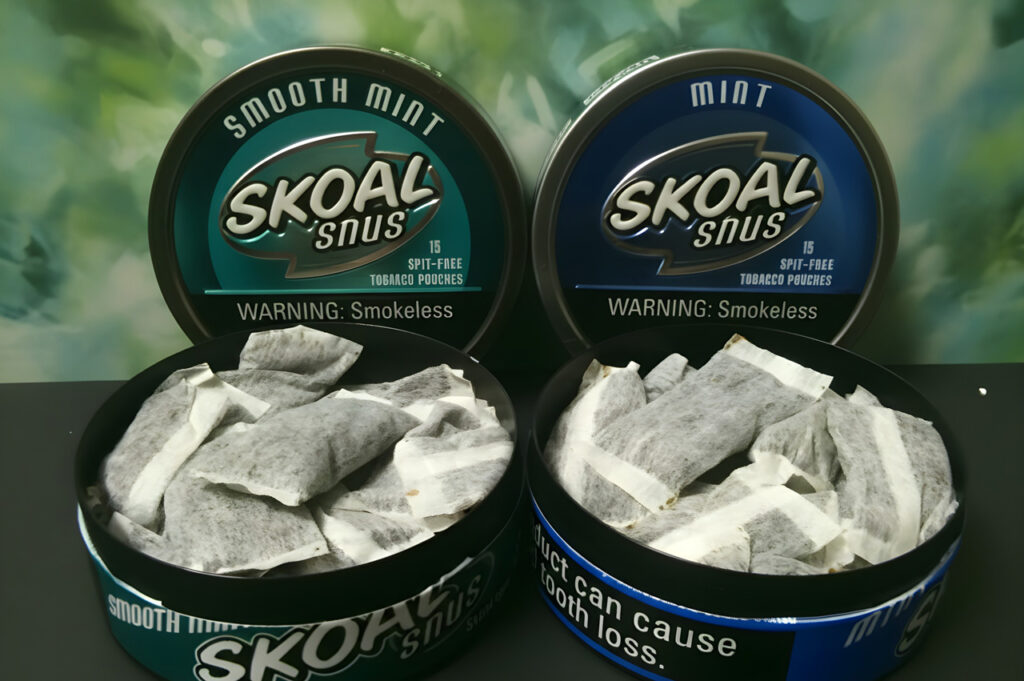 Smooth Mint and Mint Skoal Snus spit-free tobacco pouches displayed at a leading tobacco store Houston location.