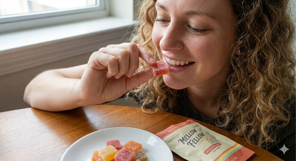 Smiling curly-haired woman enjoying a colorful Delta 8 gummy beside a plate of assorted treats and Mellow Fellow package, top picks from our Delta 8 store in Broken Arrow.