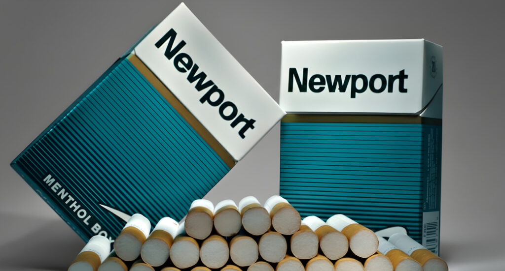 Premium Newport menthol box cigarettes on display at a tobacco store Houston with a large stack of filtered cigarettes.