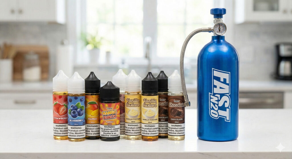 Variety of flavored e-juice bottles like strawberry, mango, and vanilla custard lined up beside blue FAST N2O tank in Sapulpa kitchen setup.