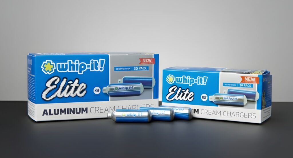 Premium Whip-it Elite aluminum canisters and Whip Cream Chargers Owasso boxes in 20 and 50 packs for kitchen use.