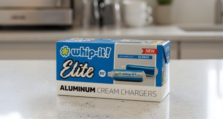 A 50 pack of Whip-it Elite aluminum cream chargers on a kitchen counter featuring Whip Cream Chargers Owasso branding.