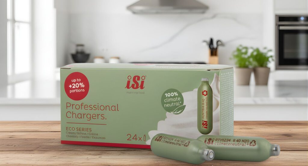 Whip Cream Chargers Owasso iSi Eco Series sustainable N2O canisters featuring carbon-neutral production for green kitchens.