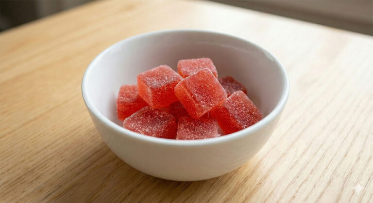White ceramic bowl filled with fresh, sparkling red Delta 8 gummies on a wooden table, available daily at our trusted