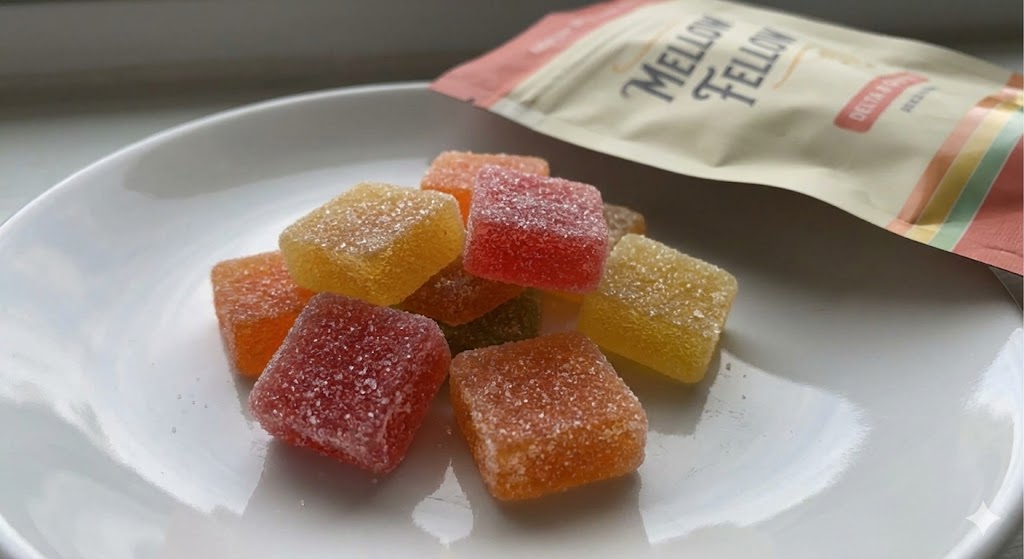 White plate with vibrant multicolored Delta 8 gummies next to Mellow Fellow package on light background, fresh stock from our premier Delta 8 store in Broken Arrow.