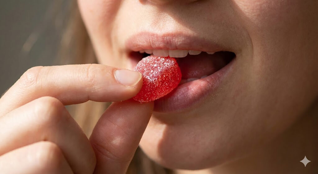 Detailed close-up of a smiling young woman placing a sugary red Delta 8 gummy in her mouth, sourced from our top Delta 8 store in Broken Arrow for ultimate relaxation.