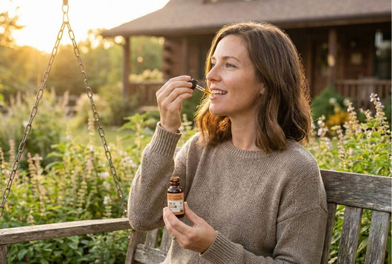 A woman taking Lazarus Naturals CBD oil on a porch swing at sunset, a product available at our CBD shop Sapulpa.