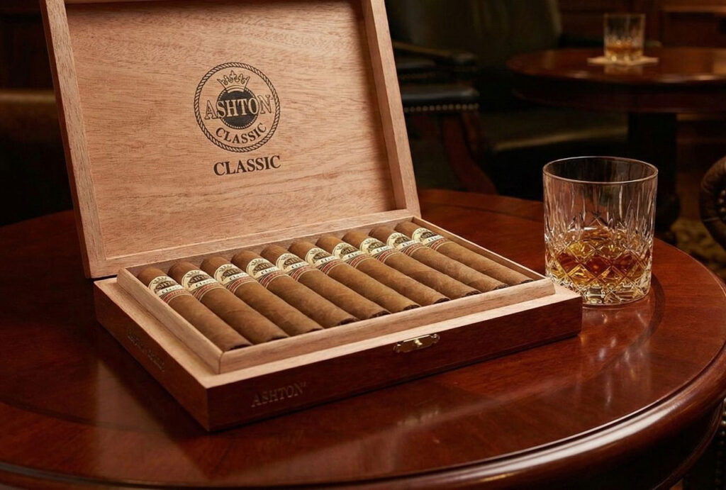 An open box of Ashton Classic cigars and a glass of whiskey in a lounge. Visit our cigar store broken arrow today.