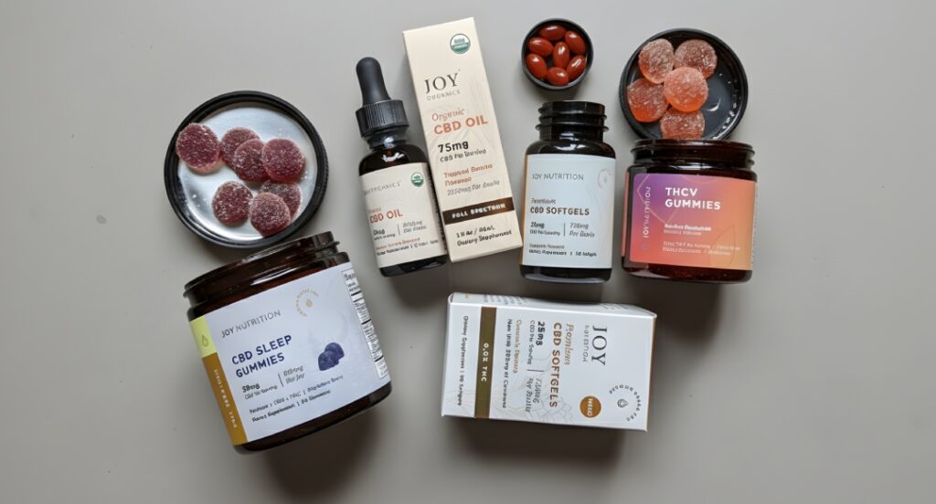 Premium oils and softgels at a CBD shop Tulsa, featuring organic tinctures, sleep gummies, and THCV supplements.