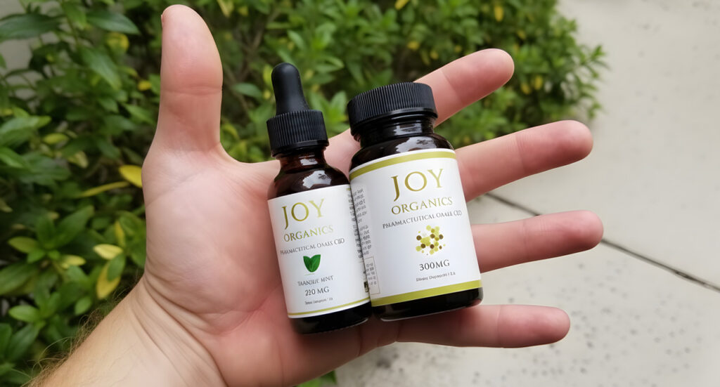 Find pharmaceutical grade tinctures at this cbd store owasso showing Joy Organics 210mg mint oil and 300mg CBD supplements.
