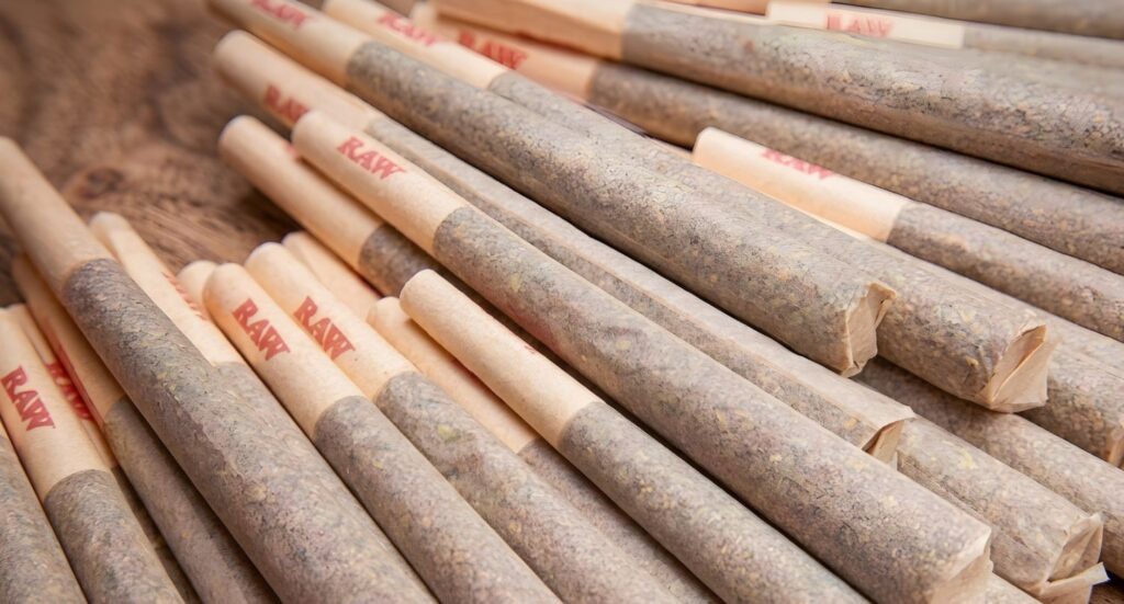 Large pile of authentic RAW pre-rolled cones filled with premium herb, the best rolling papers Tulsa smoke shop supply.