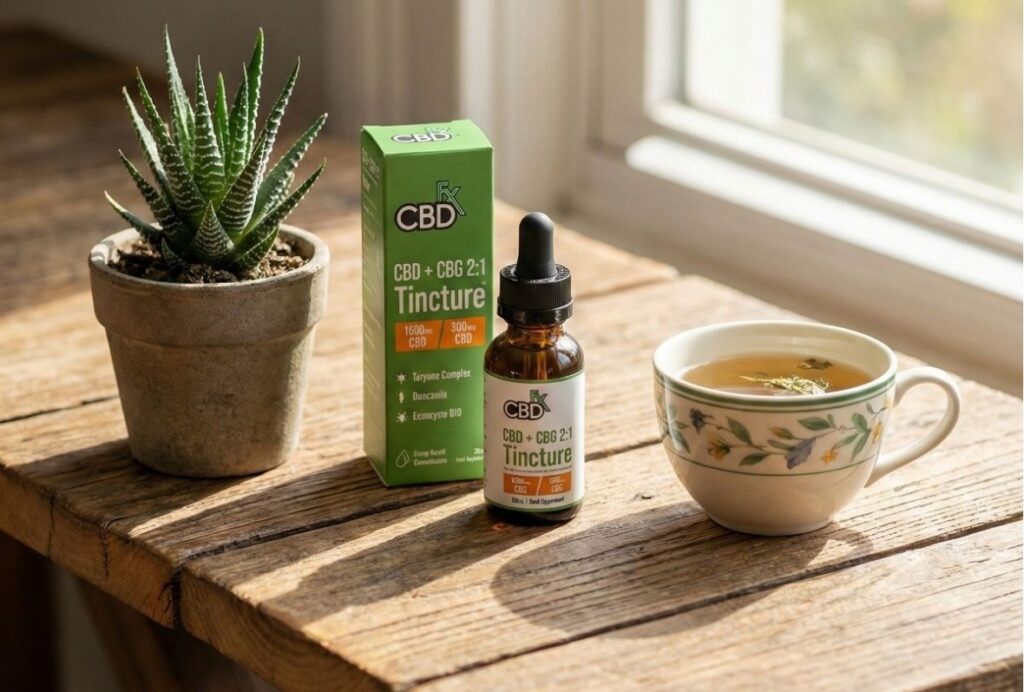 CBD and CBG 2:1 Tincture bottle next to a green succulent and tea cup, available at a leading cbd store sapulpa.