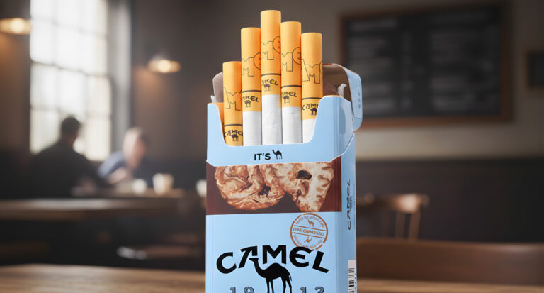Close up of an open Camel Blue pack with cigarettes standing upright available at a local cigarette shop Tulsa.