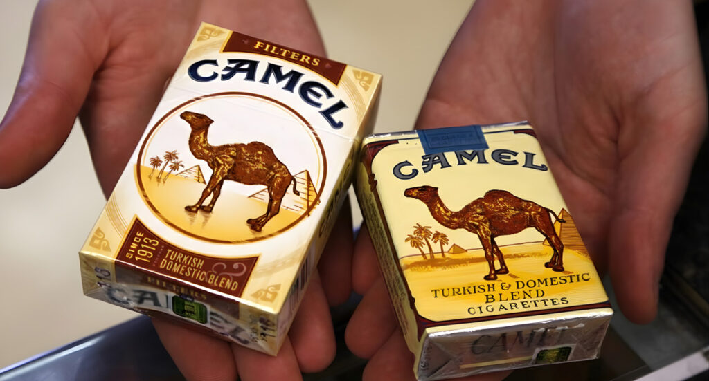 A person holding two packs of Camel cigarettes at a cigarette shop Tulsa featuring traditional Turkish blend packs. 