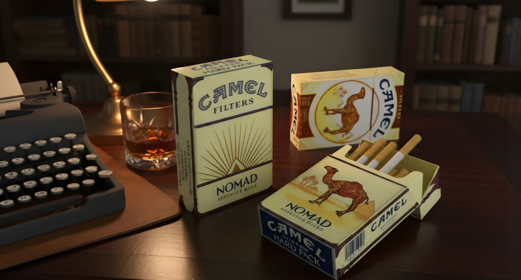 Camel Nomad cigarette packs on a desk with a typewriter and whiskey glass at a vintage style cigarette shop Tulsa. 