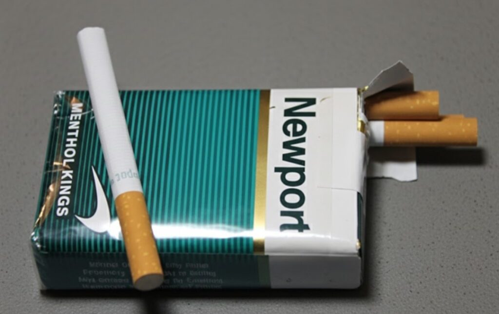Cigarette shop Tulsa inventory featuring Newport Menthol Kings cigarettes in green packaging on a retail store shelf.
