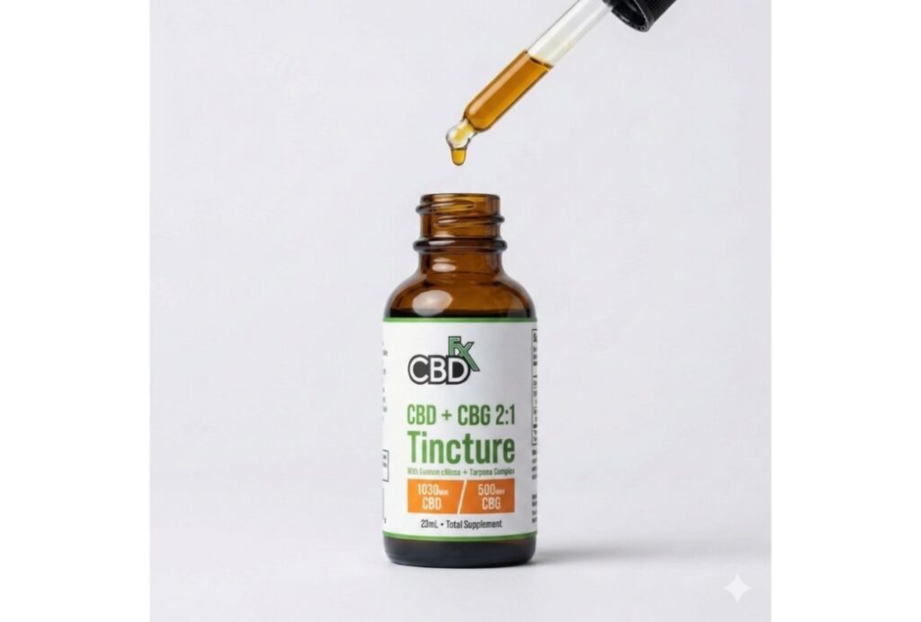 Close-up of golden hemp oil dripping into a CBD and CBG Tincture bottle from a high-quality cbd store sapulpa.