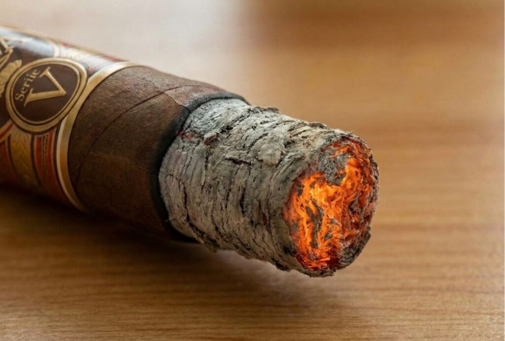 A close-up view of the foot of an Oliva Serie V cigar with a perfectly even, glowing orange ember, demonstrating the correct way to prepare a cigar from a cigar shop sapulpa.