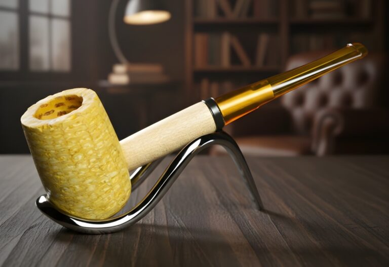 Premium corncob pipe on a chrome stand in a tobacco shop Houston library, featuring a bright amber stem and bowl.
