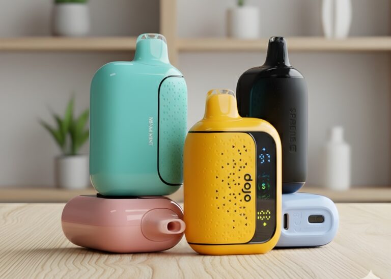 A colorful variety of Dojo Sphere disposable vapes Tulsa in teal, yellow, pink, and blue, displayed on a wooden table.