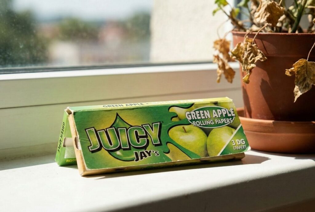 A green pack of Juicy Jay's Green Apple rolling papers resting on a sunny windowsill next to a potted plant, showcasing a lifestyle shot of rolling papers broken arrow.
