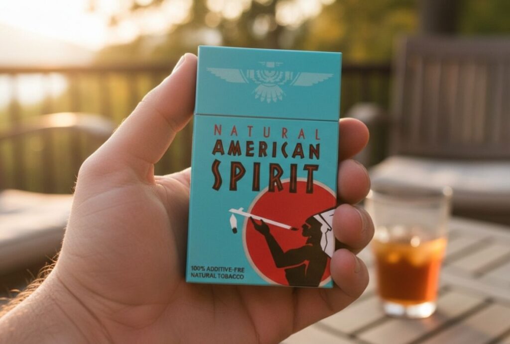 Hand holding a blue Natural American Spirit pack at sunset, a great lifestyle photo for a cigarette shop Sapulpa blog.