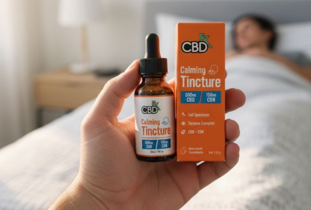 Hand holding a Calming CBD Tincture bottle and orange box in a bedroom, sourced from a local cbd store sapulpa.