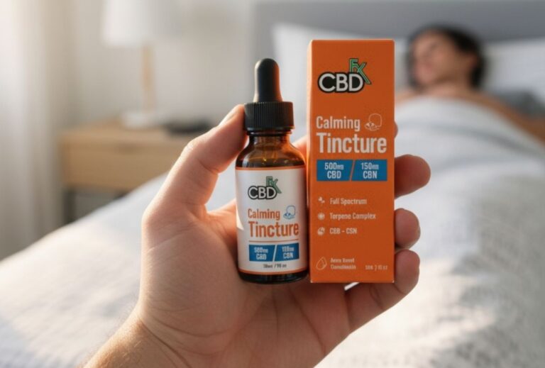Hand holding a Calming CBD Tincture bottle and orange box in a bedroom, sourced from a local cbd store sapulpa.