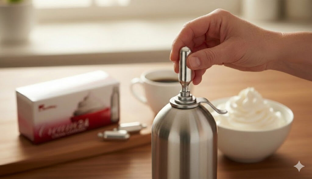 Hand inserting a charger into a dispenser next to whipped cream and a box of N2O whipped cream Sapulpa chargers.